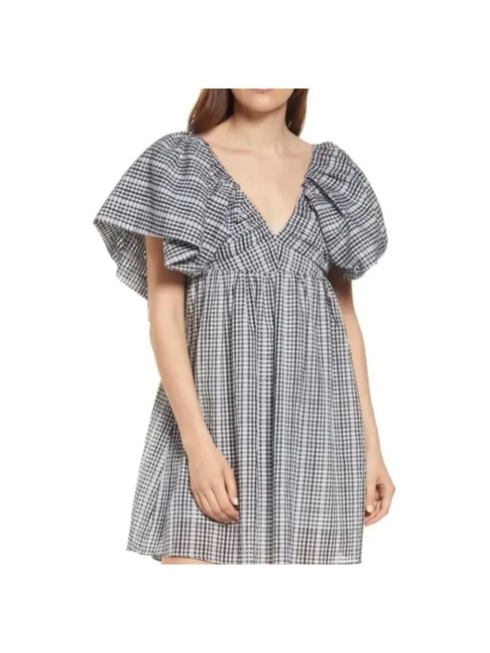 Moon River Black White Gingham Flutter Babydoll Ruffle Mini Dress Tie Back XS